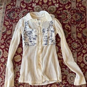 Sheer Cream Button-Up Blouse with Blue Pattern